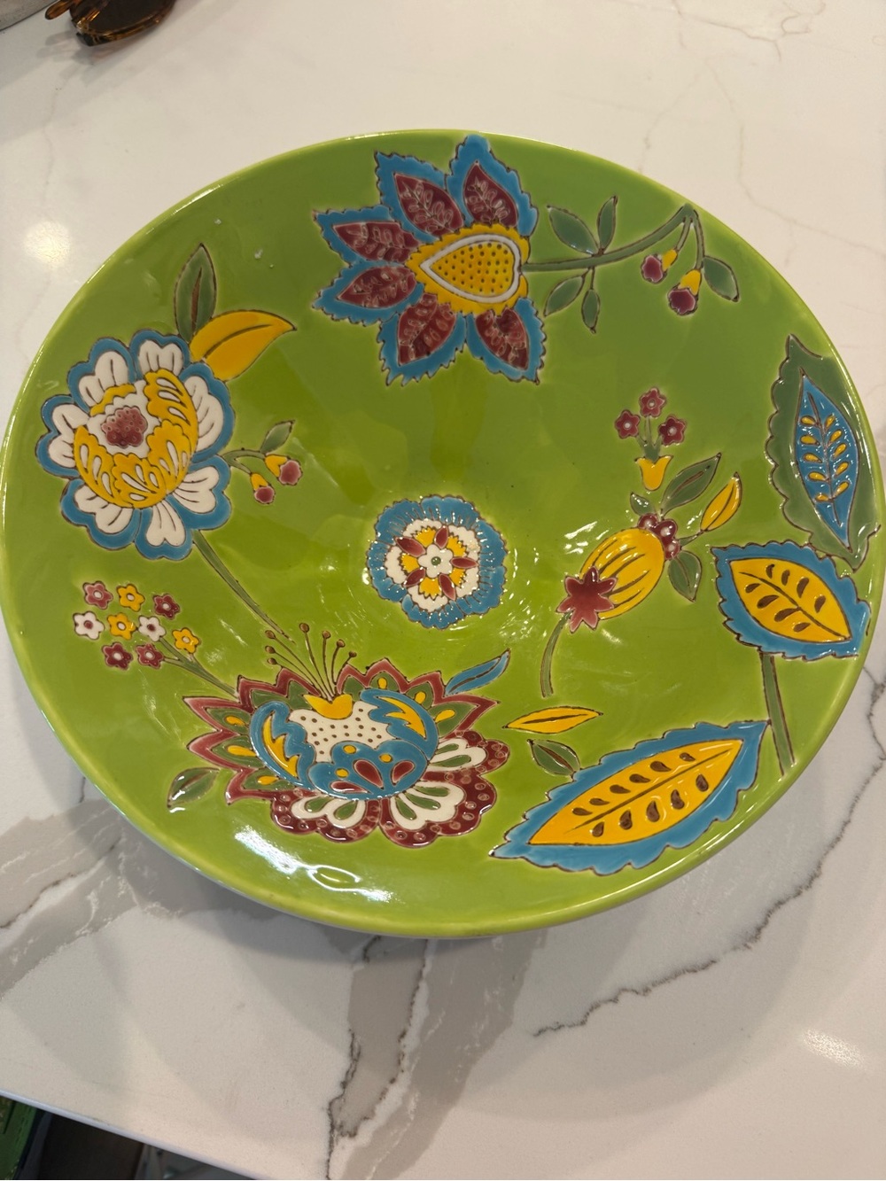 Dutch Wax Coastline Imports “Green Field” Pattern Ceramic Serving Bowl Floral